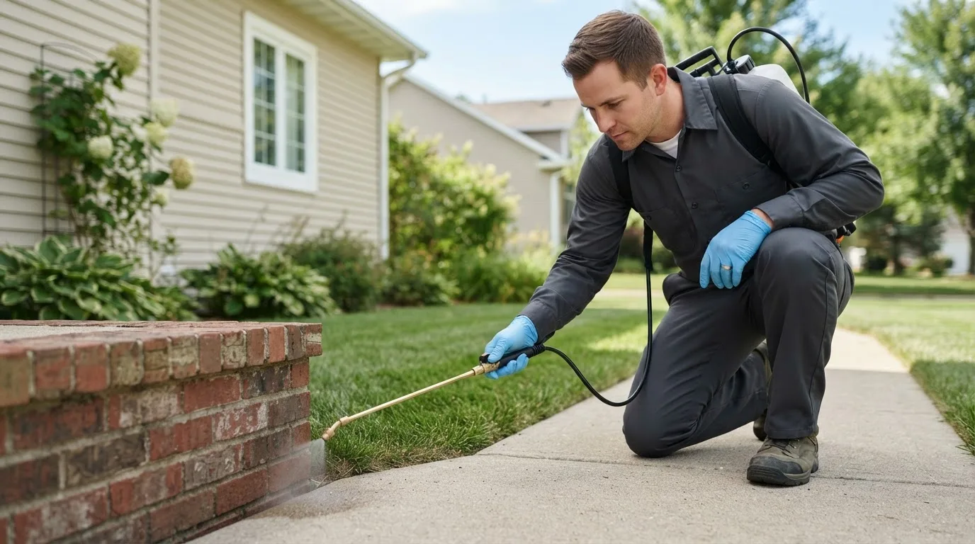Pest control technician treating a home near Linden, WI
