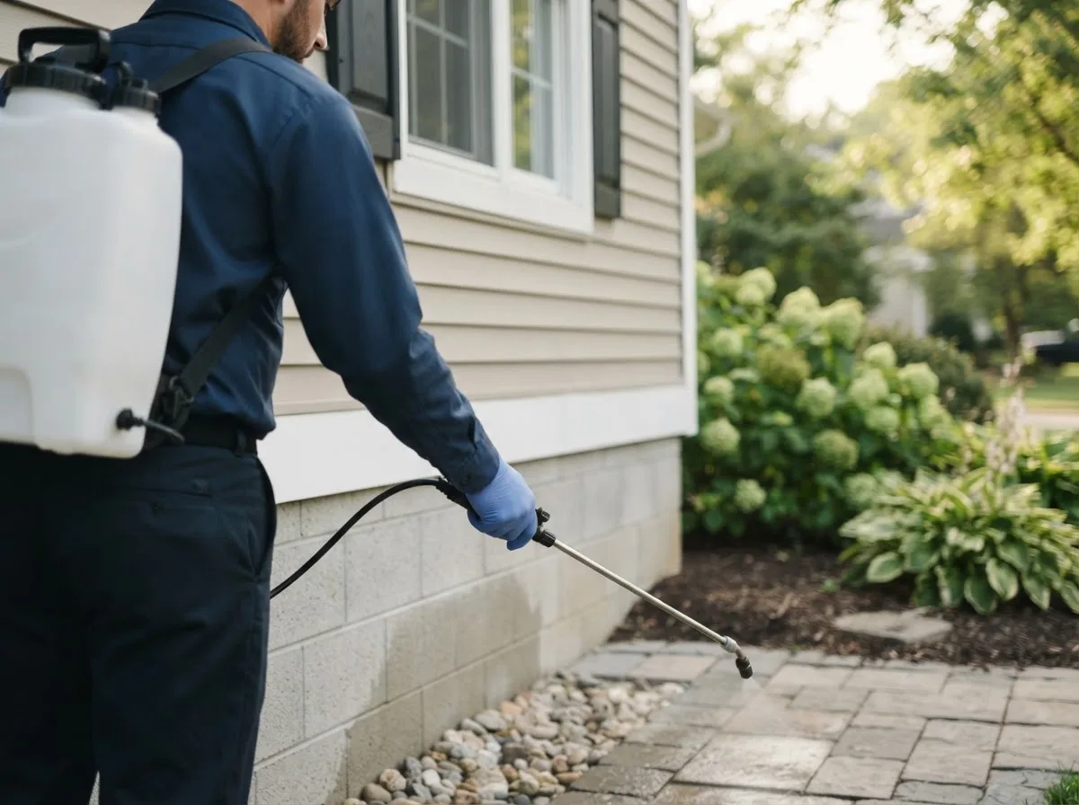 Pest control technician inspecting a home in Linden, WI